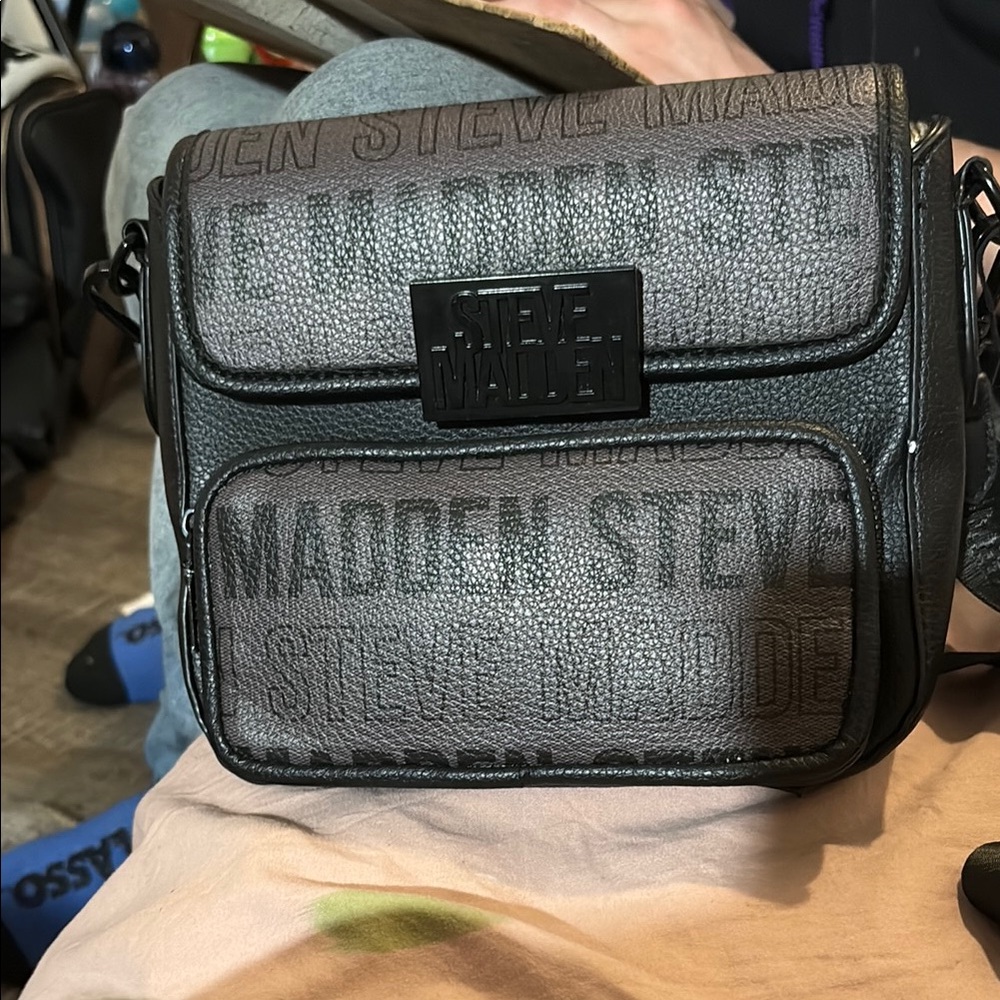 Steve Madden Black and Gray Messenger Bag with Monogram Design